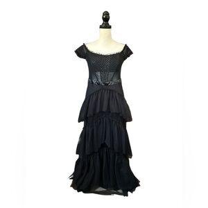 City Studio Black Off-the-Shoulder Tiered Mesh Gown Formal Prom Romantic Goth 11